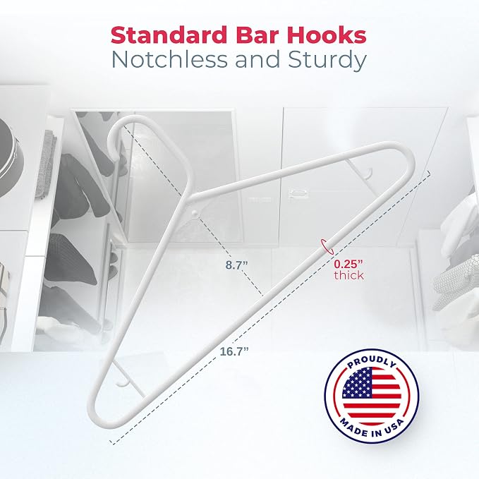 Plastic Hangers 100 Pack – Made in the USA – 6lb Capacity Standard Clothes Hangers with Strap Hooks for Dresses, Lingerie, Shirts, Pants, and Jackets – White
