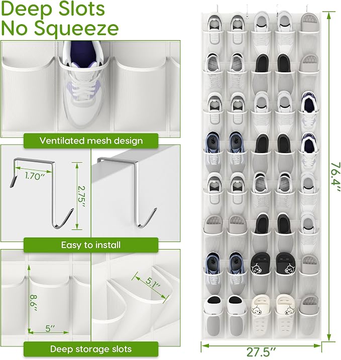 Over the Door Shoe Organizer with 40 Large Breathable Mesh Pockets, Space Saving Shoe Holder, Hanging Shoe Rack for Entryway Bedroom Closet Storage (White, 40 Pockets)