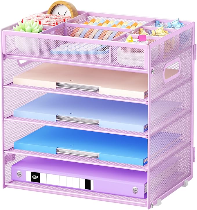 Marbrasse 5 Tier Mesh Desk File Organizer, Purple | Letter Tray, With Handle, Paper Sorter, Adjustable