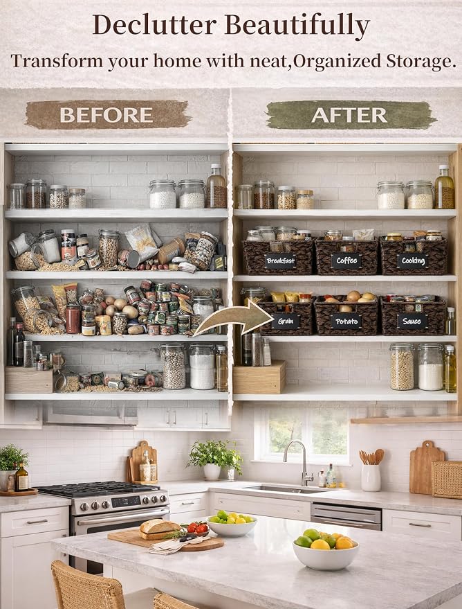 Pantry Organizers and Storage, Water Hyacinth Storage Baskets for Shelves, Brown Baskets for Organizing, Pantry Baskets with Chalkboard Labels and Marker
