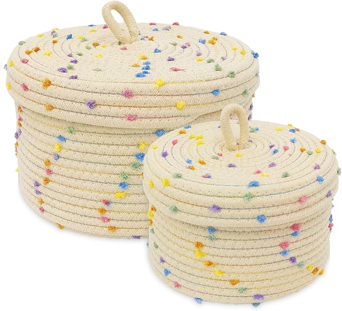 Esme L&H Round Storage Baskets with Lids,Small Storage Baskets Set of 2,Cotton Rope Woven Storage Basket,Small Decorative Basket, Colorful Rainbow Pompom, Cute Storage Bins, Box for storage