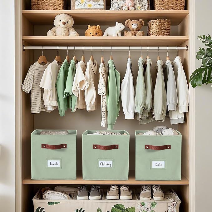 DECOMOMO Storage Bins, Storage Baskets for Shelves | 13" x 15" x 13" Storage Cube Bins with Labels for Organizing Shelves (Kallax, 4pcs, Sage Green)