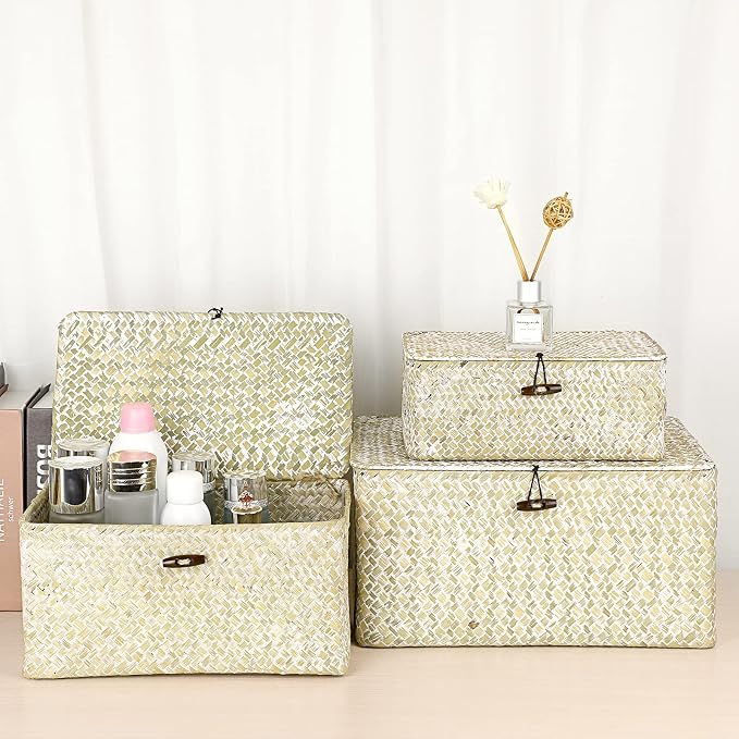 Hipiwe Wicker Shelf Baskets Bin with Lid Natural Seagrass Basket Storage Boxes Small Woven Basket Multipurpose Home Organizer Bins Box for Shelf Closet Bedroom Living Room Home Decor, Whitewash