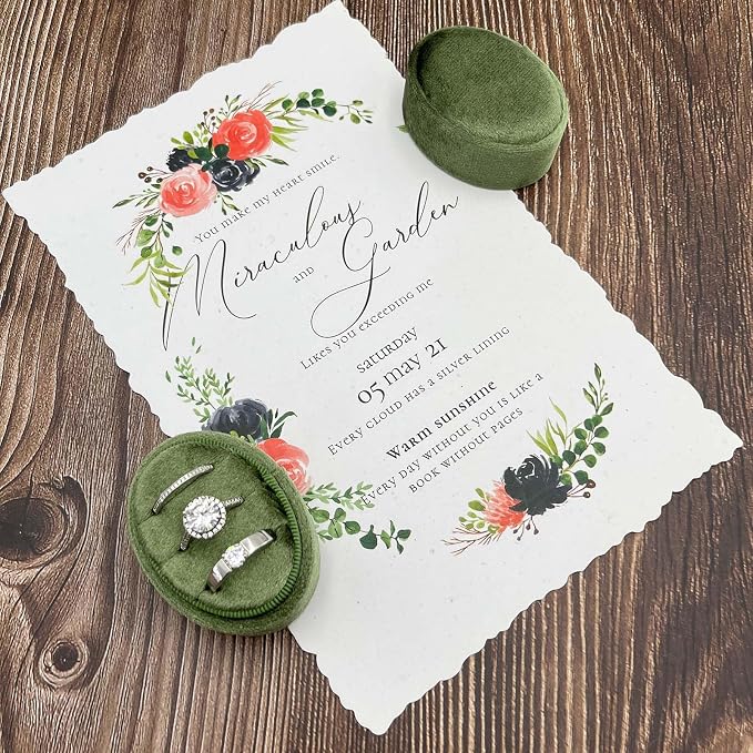 Velvet Oval Ring Box 3 Slots - Premium Wedding Three Rings Box Vintage Handmade Storage Jewelry Organizer for Proposal, Engagement, Wedding Ceremony, Christmas (Olive Green)