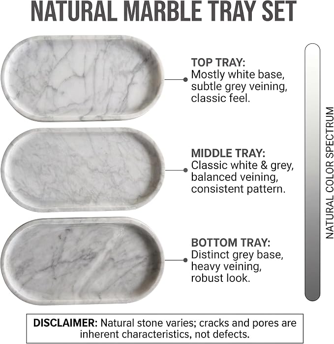 YKAJO Carrara White Gray Oval Marble Tray, 11.8x5.9 Perfume Organizer Dish | Honed natural stone; holds jewelry, rings, keys, candles, trinkets; for dresser, nightstand, bath counter