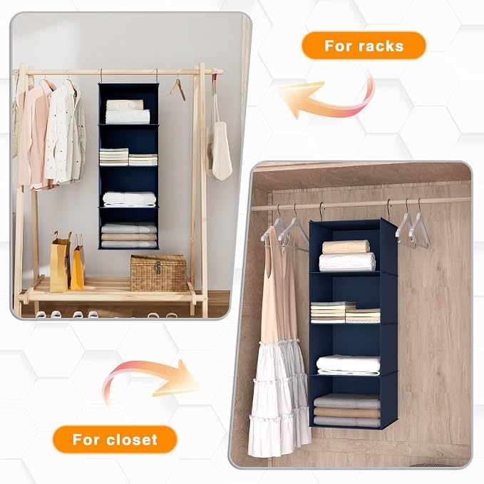 Hanging Closet Organizer 4-Shelf, Oxford Fabric Wardrobe Storage, Navy Blue | Easy-mount foldable design holds clothes, handbags, shoes & accessories; washable Oxford fabric, sturdy and space-saving.