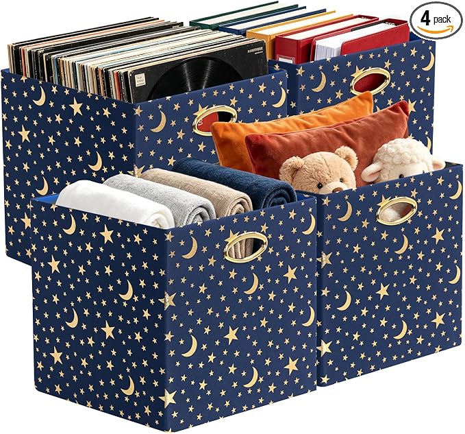 Posprica 13x13x13 Storage Cube Bins, Collapsible Storage Bins Fabric Storage Cubes Organizer Baskets Box Drawers for Shelves, Closet, Wardrobe, Bookshelf, Cabinet, Blue-Moonstar, 4 Pack