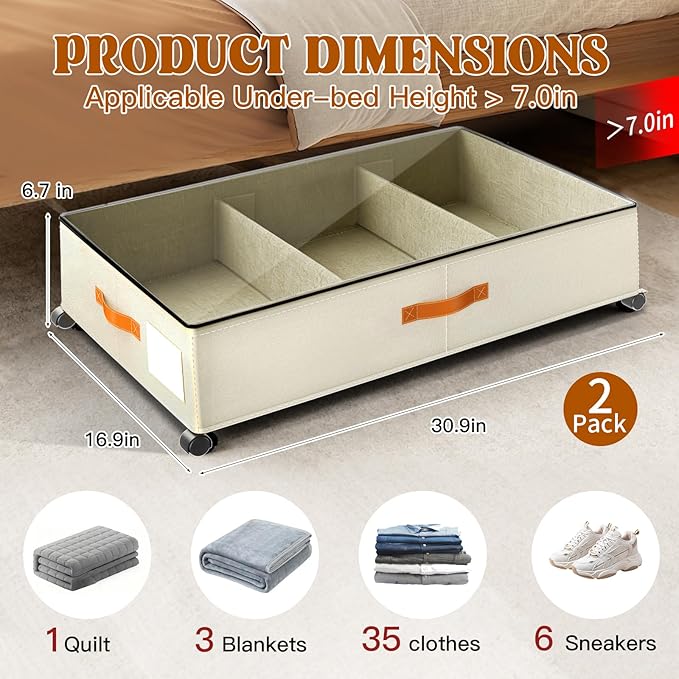 Under Bed Storage with Wheels, Rolling Storage Containers with Clear Lid and Handles for Clothes, Shoes, Blankets, Pillows, Toys, Books, Bags (60L, 30.9 x 16.9 x 6.7in, Beige, 2 Pack)