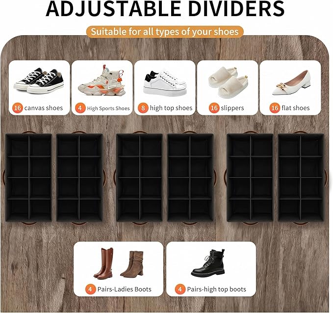 EE-RoomWorld 2 Pack rolling shoe rack on wheels,No Assemble Required shoe organizer for closet with wheels，Adjustable Dividers Fits 16 Pairs,boot Storage Bins with Reinforced Handle