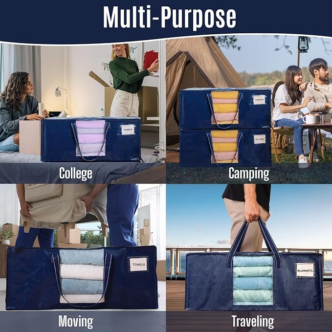 VENO 8 Pack Heavy Duty Moving Bags, Packing Bags with Clear Window, Alternative to Moving Boxes, Storage Bins for Clothes, Blankets, Comforters, College Dorm Essentials (Blue, 8 Pack)