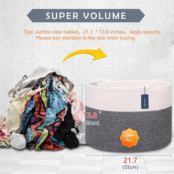 COMSE Extra Large Blanket Basket, Woven Laundry Basket, 21.7”x 13.8”, Nursery Hamper, Cotton Rope Laundry Hamper Living Room for Storage Toys Clothes Towels (White & Black)