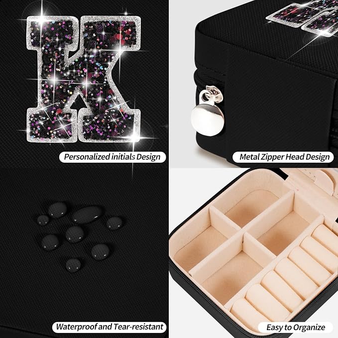 Uygafly Travel Jewelry Case - Personalized Jewelry Box for Women,Small Jewelry Organizer Cute Jewelry Organizers and Storage Aesthetic,Travel Essentials Birthday Gifts for Girls Women | Black,K