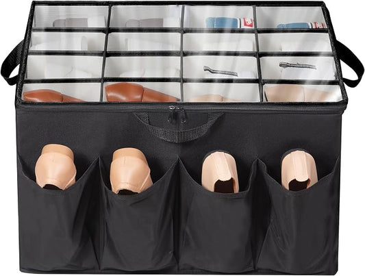 Fabric Shoe Organizer for Closet, Fits up to 24 Pairs, Foldable Shoe Storage Bin Containers with Adjustable Dividers and Clear Cover, Black, 1 Pack