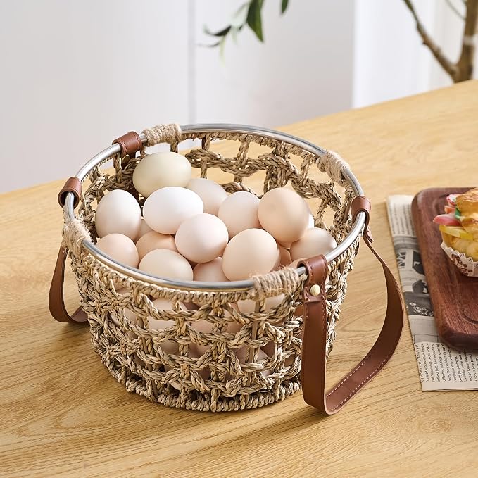 Farmhouse Seagrass Egg Baskets - Handmade Wicker Egg Collecting Basket with Handle