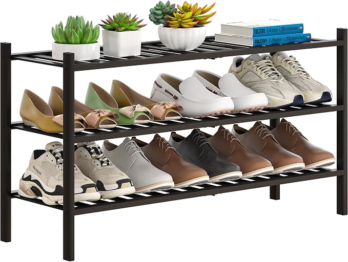 Bamboo Shoe Rack Stackable Shoe Shelf Storage Organizer for Unit Entryway Hallway and Closet Sturdy Freestanding Shoe Shelf(3L Tier Black)