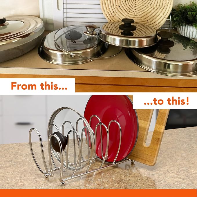 Spectrum Kitchen Cabinet Organizer Rack for Pots Pans and Lids Chrome Metal Holder for Cutting Boards Cookie Sheets and Bakeware Storage 7 Slots Cabinet Shelf Rack