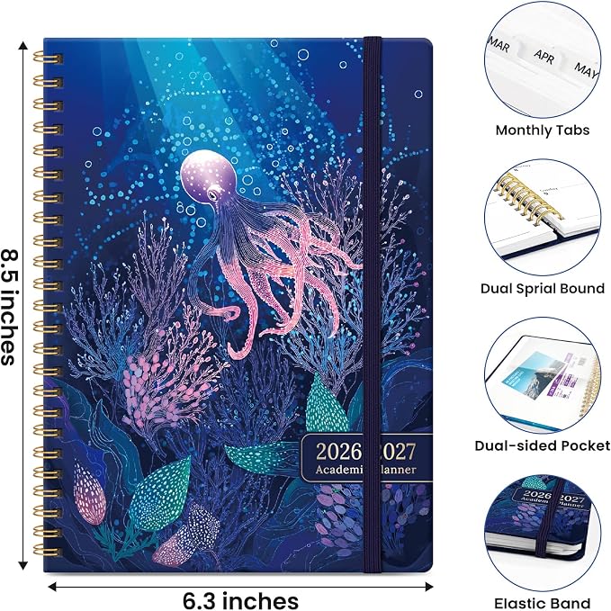 Planner 2026-2027, Hardcover Monthly and Weekly Academic Planner July 2026 - June 2027, Teacher and Student Calendar Agenda Book with Tabs, A5 (6.3" x 8.5"), Ideal for School and Office, Ocean Drift