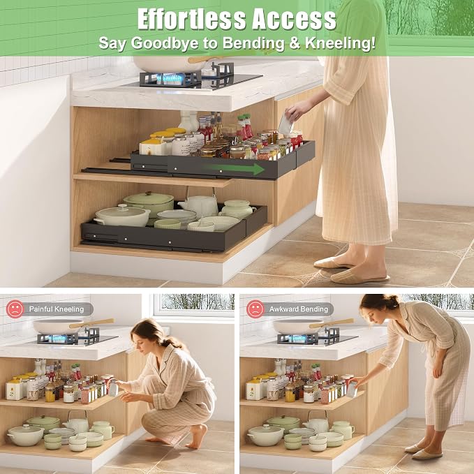 2 Pcs Pull Out Drawers for Cabinets Organizer Expandable Width(11.8"-19.4"), Depth(16.45"-21.7") With 3 Rails, No Drill Roll Out Drawer, Adhesive Sliding Drawers for Kitchen Pantry Storage (Black)