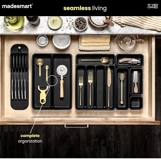 madesmart 2 Compartment Drawer Organizer, Multi-Purpose Storage for Kitchen, Office & Bathroom, Non Slip, Soft Grip Lining, Easy-Clean Design, Black