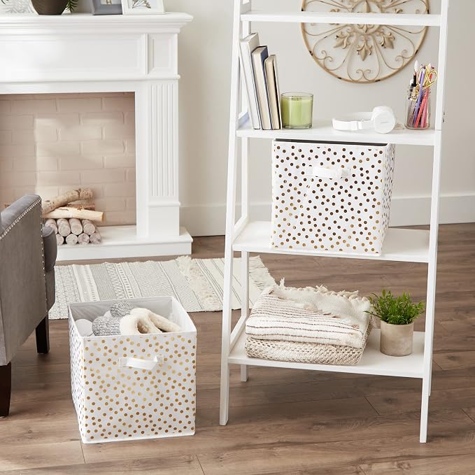 DII Non Woven Polyester Storage Bin, Polka Dot, White & Gold, Large Set of 2