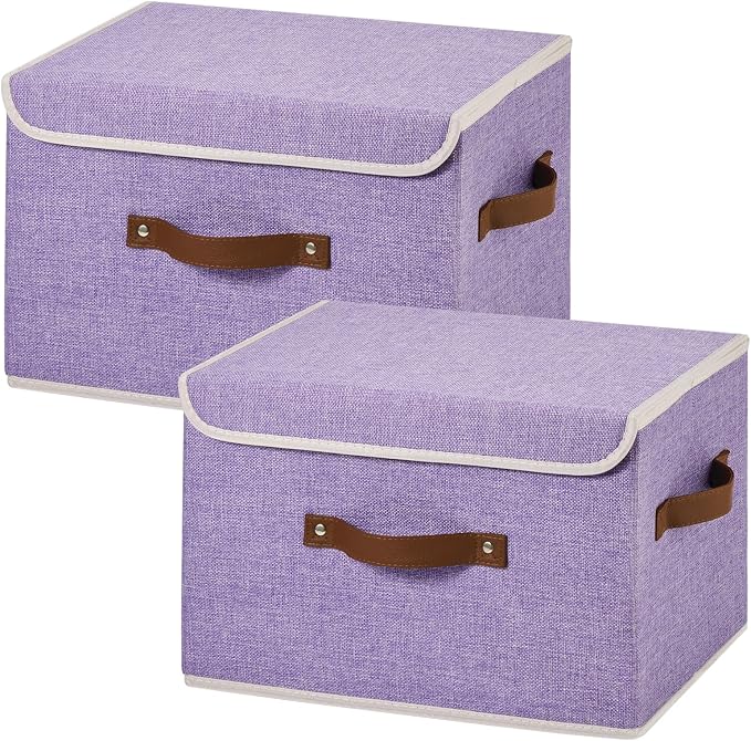 2PCS Collapsible Storage Boxes Baskets with Lid Cotton Linen Fabric Storage Bins with Faux Leather Handles Washable Cube Organizer Container for Home Closet Bedroom Purple Large Size