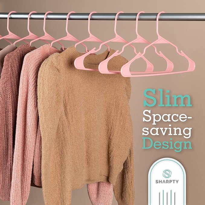 Sharpty Plastic Hangers Clothes Hangers for Clothing, Closet, Coats & Shirts - Notched, Durable, Space Saving - for Everyday Standard Use, Room Essentials & Basics - 50 Pack - Pink