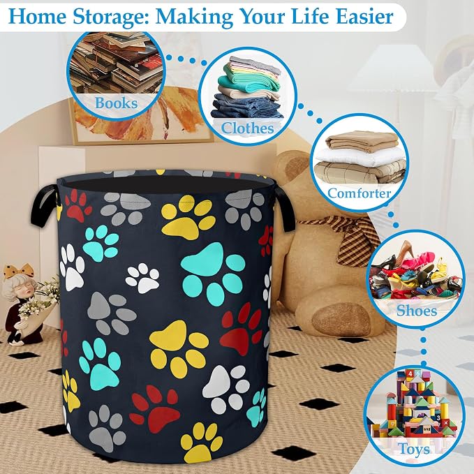 Colourful Paw Prints Laundry Basket Collapsible Laundry Hamper with Handle, Oxford Clothes Storage Bin for Bathroom Bedroom Room Decor 16" X 20.8"