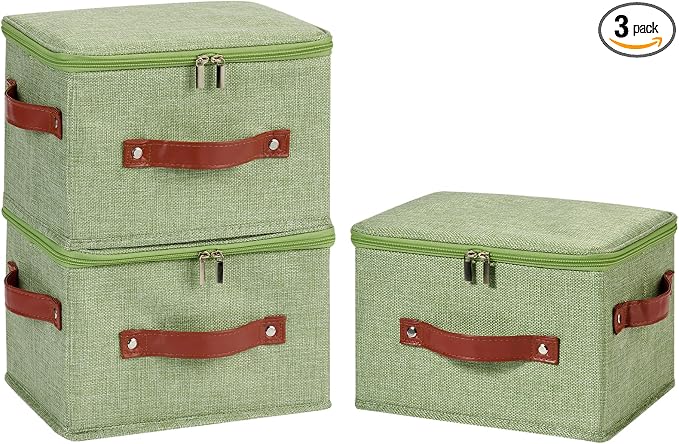 3PCS Storage Bins Boxes with Zippered Lids Cotton Linen Fabric Decorative Basket PU Leather Handles PP Plastic Board Foldable Lidded Shelf Closet Organizer Container (Light Green, Small)