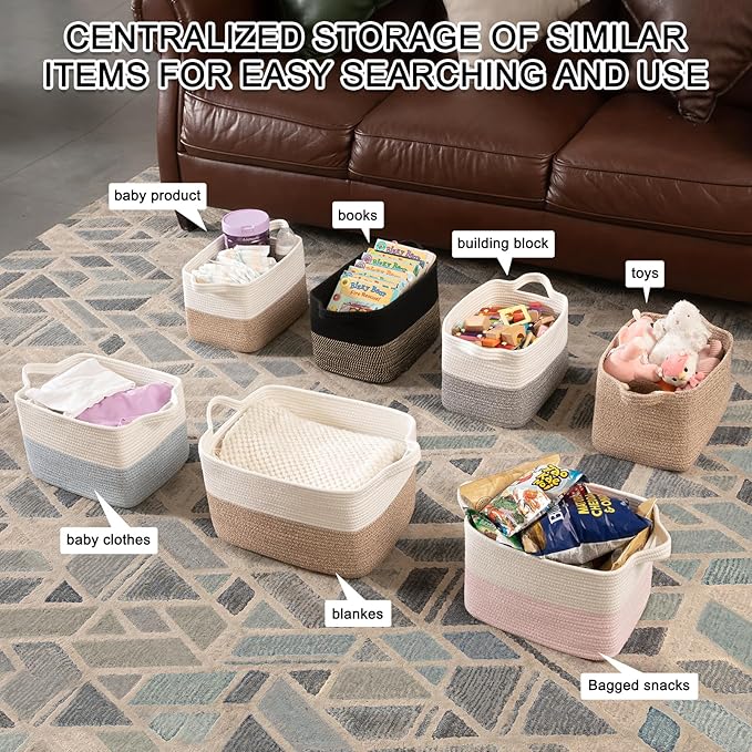OIAHOMY Woven Storage Basket for Shelves, Rectangle Cotton Rope Baskets for Organizing, 13 x 10 x 9 in, Storage Bins for Dog Toys,Towel,Books,Gift,Black and Brown
