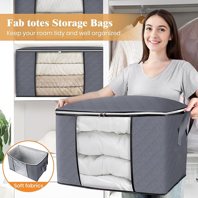 Fab totes 24 Gallons Clothes Storage, Foldable Thick Fabric Blanket Storage Bags, Containers for Organizing Bedroom, Closet, Clothing, Comforter, Organization with Handle (6 Pack,Grey)