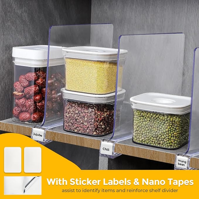 Clear Acrylic Shelf Dividers for Closets Organizer & Storage,8 Pack | Adjustable Vertical Wood Shelf Closet Separators, Keep Clean, for Clothes,Book,Bags, in Bedroom and Kitchen