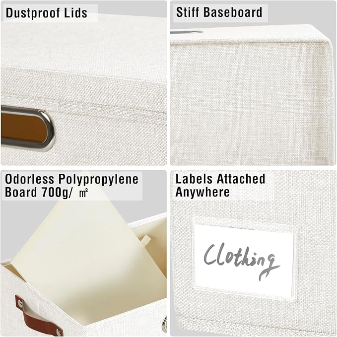 Roobyl 15" Large Collapsible Storage Bins with Lids, Stackable Closet Organizers with PU Handle and Labels, 3-Pack Decorative Fabric Storage Boxes for Home, Bedroom, Closet, Office, Nursery(White)
