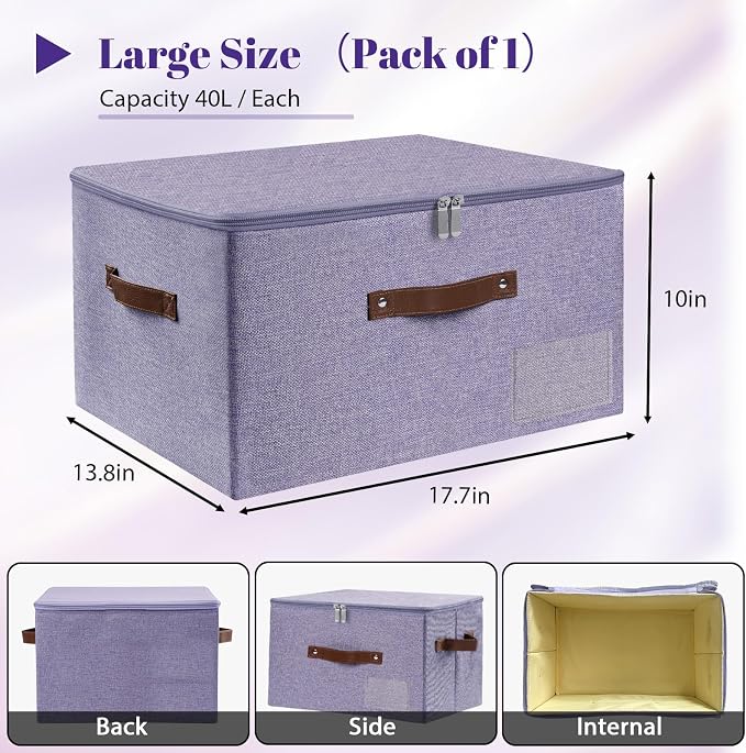 ANMINY Storage Bins with Zipper Lid Storage Boxes with Label Holder PU Leather Handles Washable Foldable Decorative Lidded Cotton Linen Fabric Cubes Baskets Closet Organizer - Purple, Large