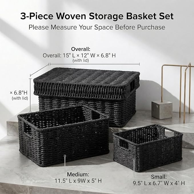 Wicker Storage Basket with Lid - Woven Basket for Storage,Rectangular Decorative Boxes Bins with Lids for Shelves,living room, Nursery, 3 baskets+1 lids(Black)
