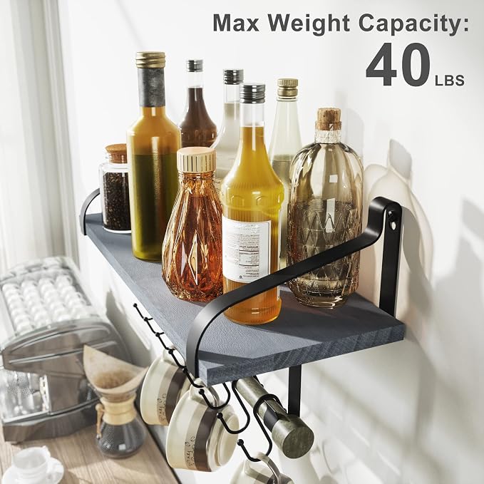 Love-KANKEI 17.3"Floating Wall Shelf Wood/Bracket,Coffee Bar,Weathered Grey | Spice Rack,Towel Bar/8 Hooks,40 Lbs/shelf,Easy to Install,For Kitchen,Bathroom,Living Room,Bedroom,Office,Entryway Display