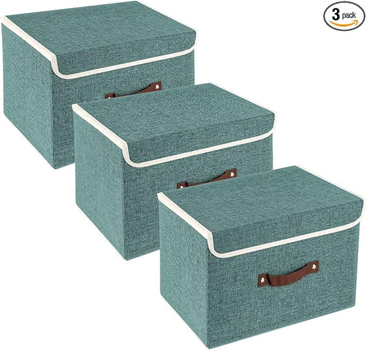 TYEERS Collapsible Storage Boxes, Washable Fabric Storage Bins with Lids, 14.9x9.8x9.8 inches, 3 Pack, Aqua Deep