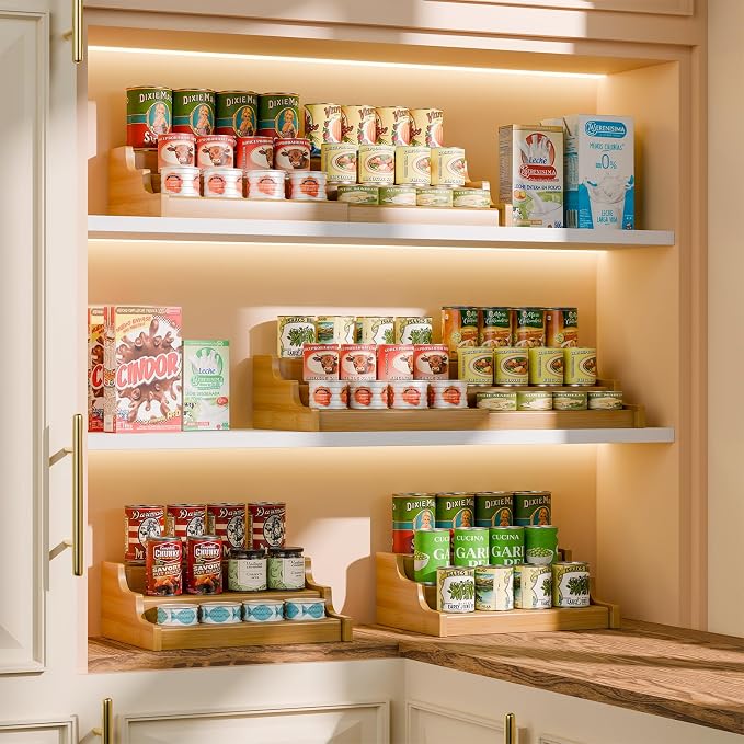 Simple Trending Expandable Bamboo Can Rack Organizer for Pantry, 3-Tier Adjustable Can Storage Holder Holds Up to 24 Cans, Canned Goods Storage Display for Cabinet, Countertop