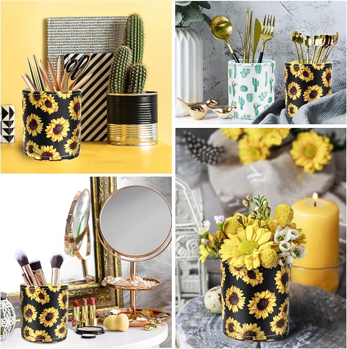 Pen Holder, Pencil Cup Desk for Women Girls, Luxury Makeup Brush Holder Large Pu Leather Multi-Functional Organizer Cup for Office, Classroom, Home, Sunflower
