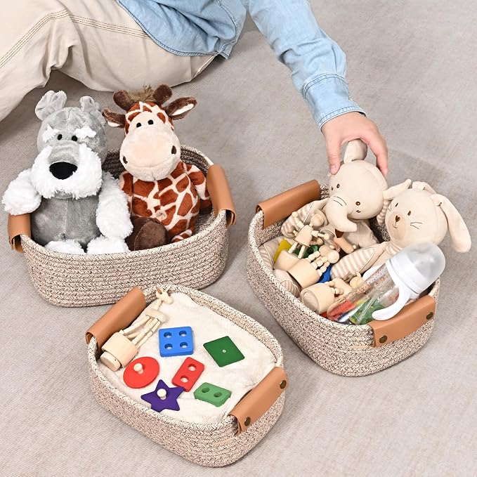 Storage Baskets for Organizing, Small Woven Basket Set of 6-4 Shelf Basket with Leather Handle and 2 Small Gift Baskets, Cotton Rope Basket for Shelves, Nursery, Dog Toy, Bathroom