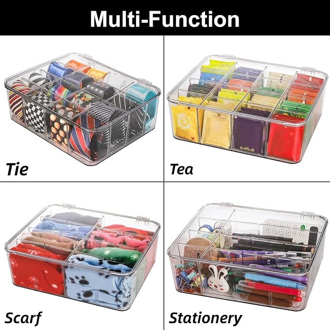 Adjustable Sock Underwear Drawer Organizer Dividers, 16 Grid Clear Tea Bag Holder with Lid, Removable Divided Tie Organizer Box, Plastic Storage Bin for Scarves Bras