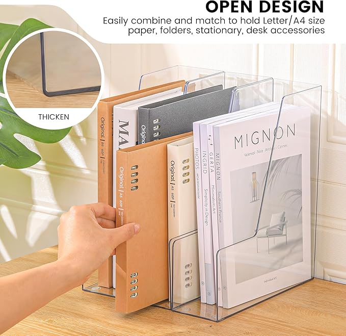 CiWiVOKi Vertical File Holder, PET Desk Organizer, Multi-purpose Plastic Document Storage Bins for Magazines, Binders, Notebooks, Envelopes, 2 Pack