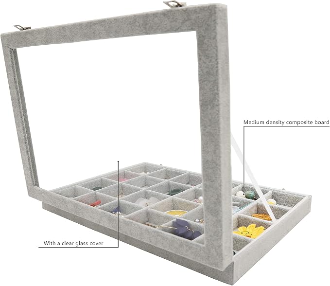 Stratalife 24 Grid Jewelry Holder Organizer: Earring Organizer Box with Clear Glass Lid, Velvet Jewelry Storage for Studs, Earrings, Rings, Necklace with Removable Dividers for Dresser, Grey