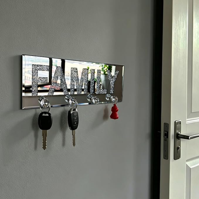 Crushed Diamond FAMILY Key Holder, Silver Mirror Wall Decor,11.8" ,4 Hooks | crushed diamond silver mirror with safe beveled edges,4 2-lb capacity acrylic hooks ,shatterproof, for keys/scarves/bags etc.