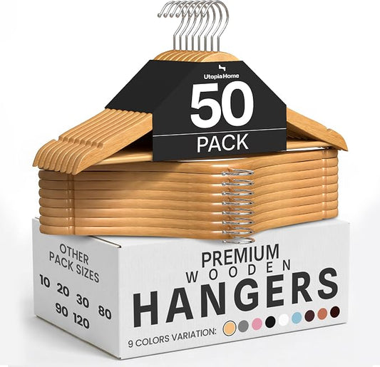 Utopia Home Premium Wooden Hangers 50 Pack - Durable & Slim Coat Hanger - Suit Hanger with 360-Degree Rotatable Hook - Wood Hangers with Shoulder Grooves (Natural Color)