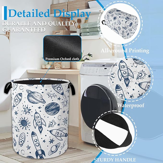 Vintage Planet Rocket Laundry Basket Collapsible Laundry Hamper Clothes Storage Bin for Bathroom Bedroom Room Decor 16" X 20.8"
