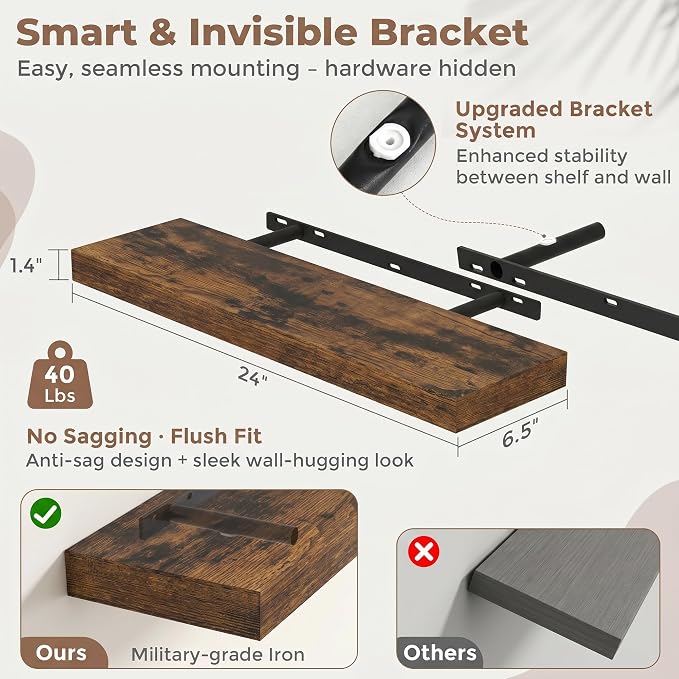 FLYJOE 24 Inch Floating Shelves for Wall Set of 2, 6.5" D Wood Grain Bathroom Shelves with Invisible Brackets, Easy Install Engineered Wood Storage Shelves for Kitchen, Living Room, Bedroom