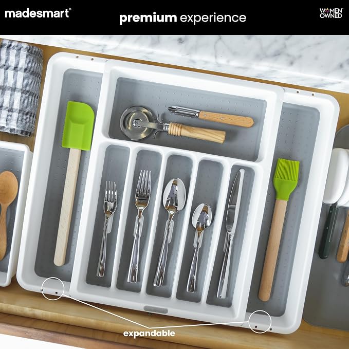 madesmart Silverware White Expandable Tray Classic Collection | 8-Compartments | Icons to Help sort Flatware, Cutlery, Utensils | Soft-Grip Lining | BPA-Free