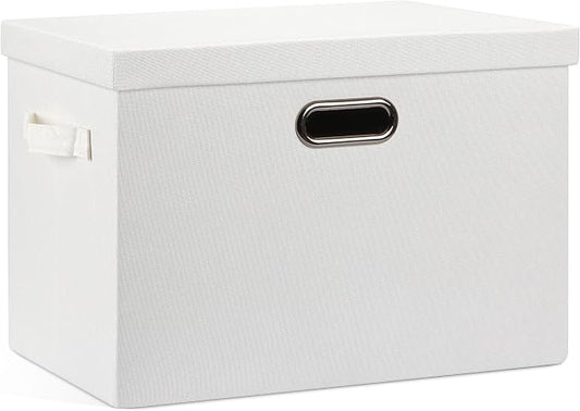 Graciadeco Large 17" 36 Quart Collapsible Stackable Storage Bins with Lids, 1 Pack White Foldable Fabric Closet Storage Boxes with Lids, 4 Handles Heavy-duty Linen Cube Baskets for Bedroom