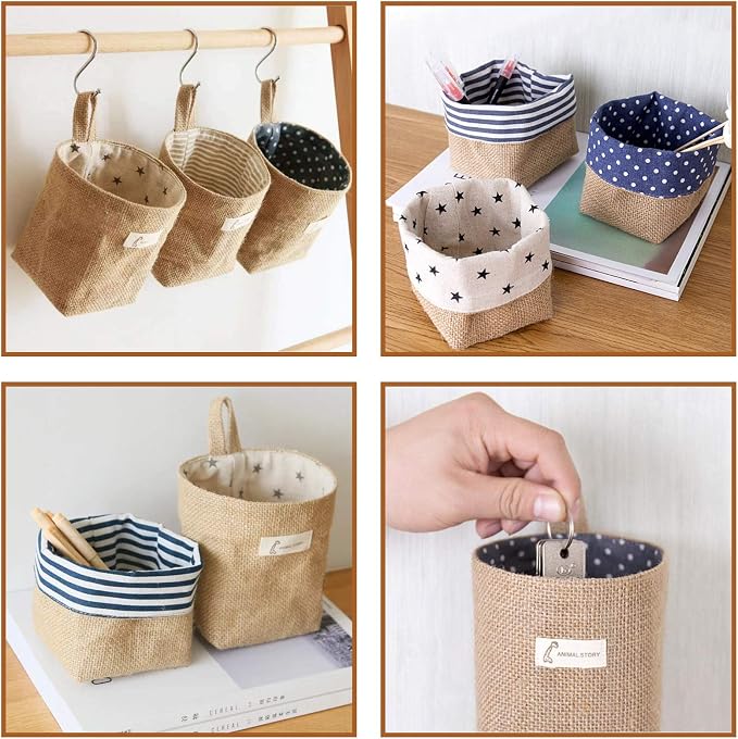 Foraineam 6 Pack Mini Hanging Storage Bag Cotton Linen Decorative Wall-Hanging Basket Organizer Collapsible Box Bin Bags for Wall Door Closet