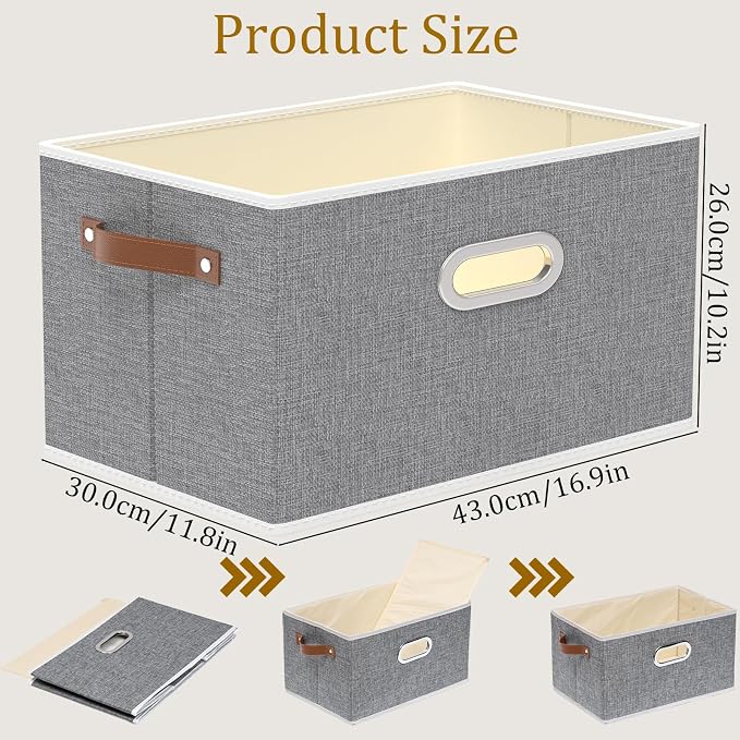 Yawinhe Fabric Storage Bins with Handles, Foldable Baskets for Shelves, Cubes with 3 Handles, Large Boxes for Clothes, Grey, 16.9''Lx11.8''Wx10.2''H, 4-Pack